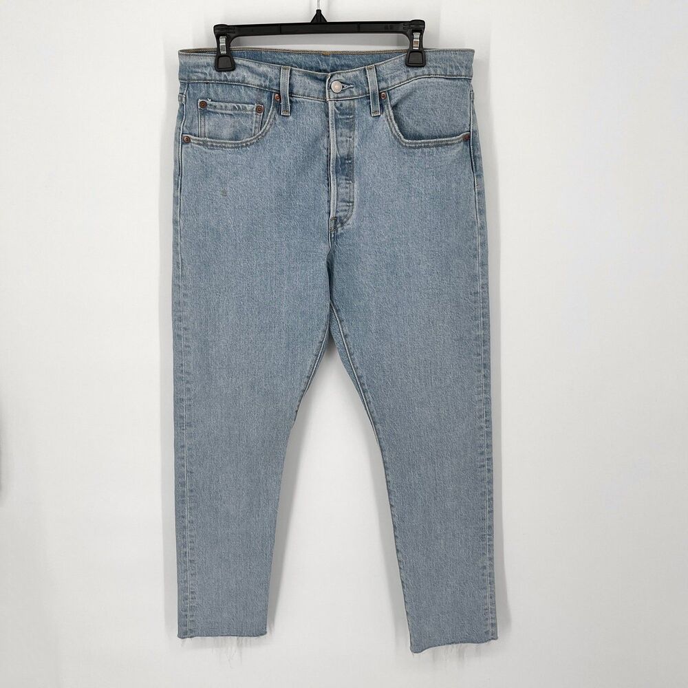Levi's 501 S Mens Button Fly Tapered Leg Jeans Size 32 Raw Hem Light Blue Wash